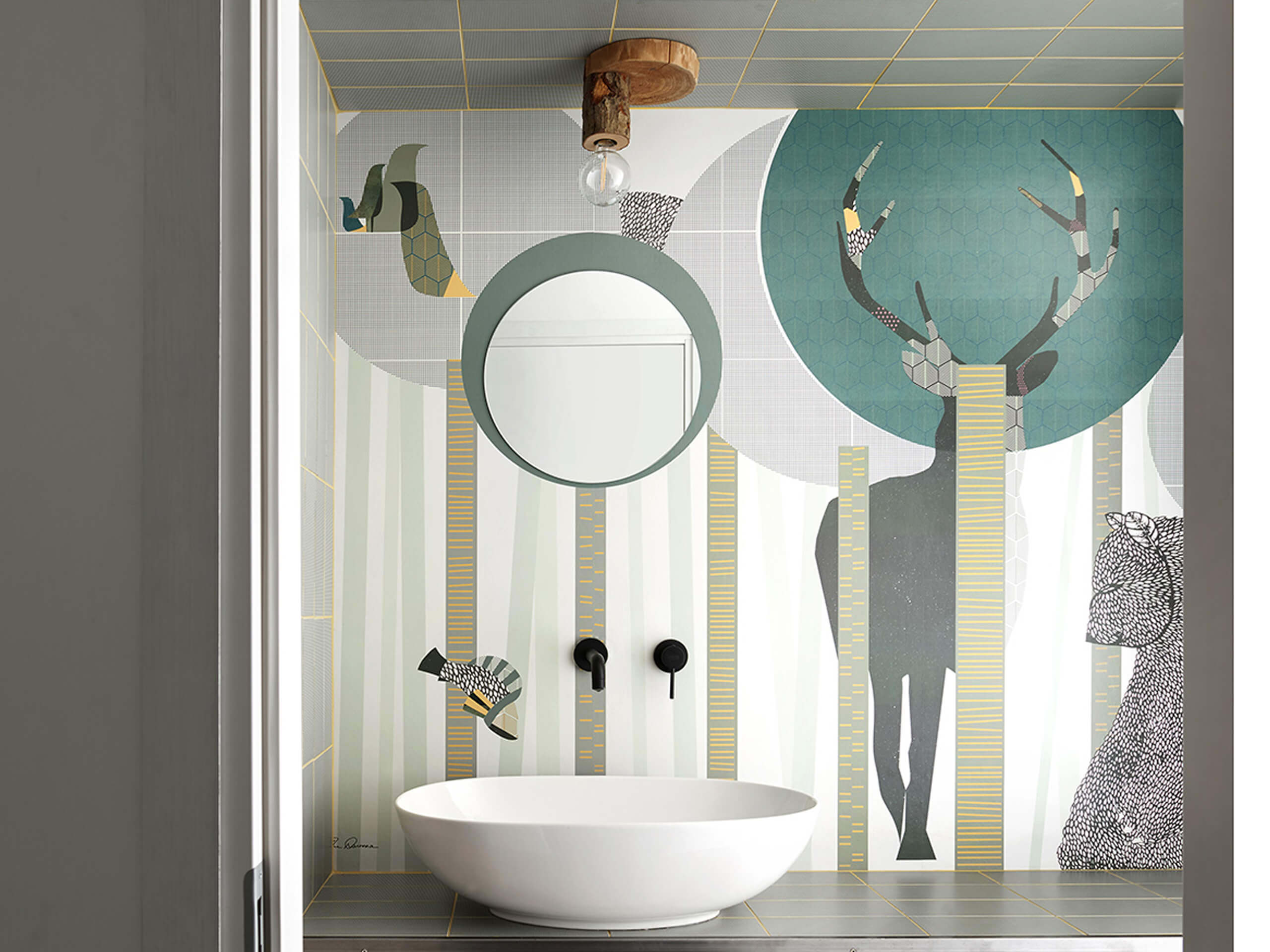 spazioibrido carioscia grazia interior design bagno progetto di illustrazione grafica della carta da parati - wood illustration wallpaper - Torino